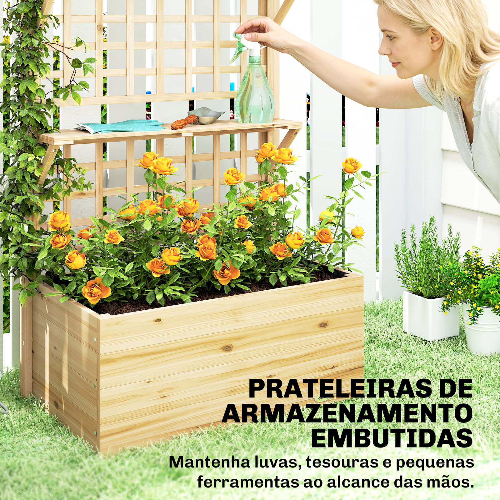 Jardineira com treliça e teto em madeira para plantas trepadeiras com 2 prateleiras drenagem e forro 76x43,5x177 cm natural