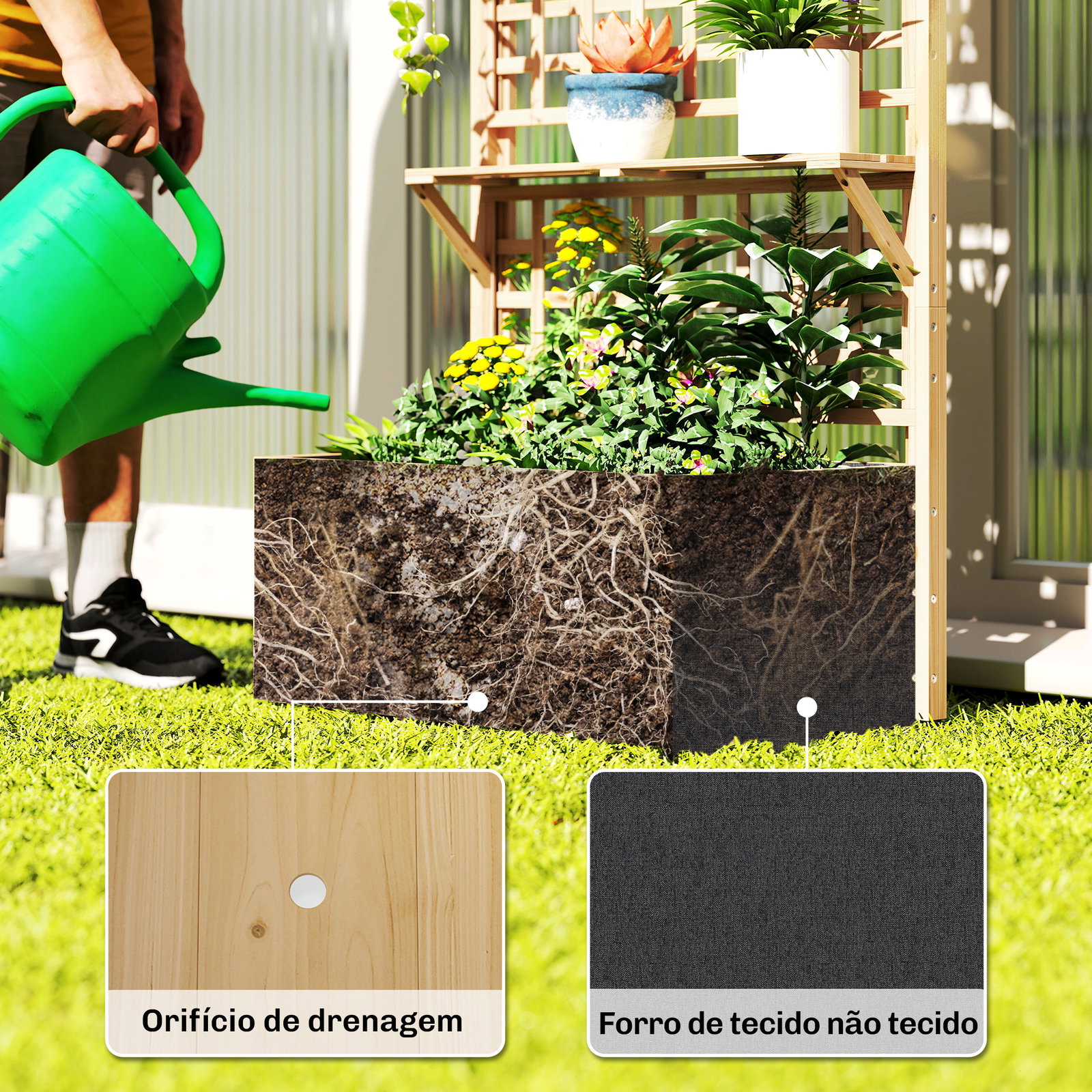 Jardineira com treliça e teto em madeira para plantas trepadeiras com 2 prateleiras drenagem e forro 76x43,5x177 cm natural