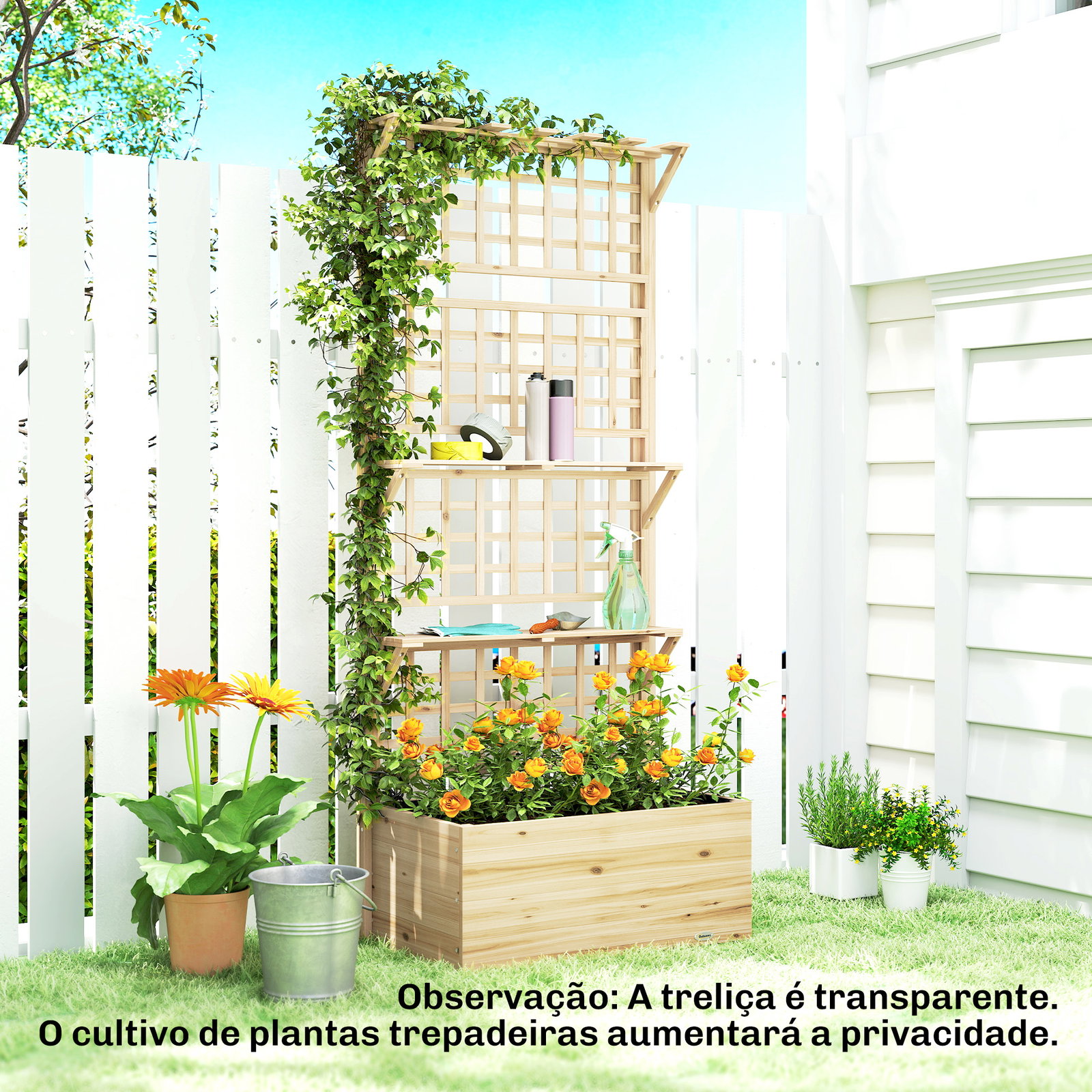 Jardineira com treliça e teto em madeira para plantas trepadeiras com 2 prateleiras drenagem e forro 76x43,5x177 cm natural
