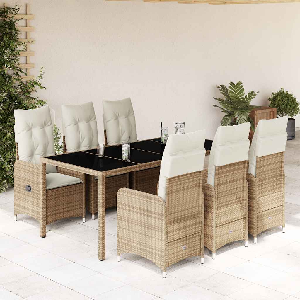 7 Pcs conjunto de bistrô para jardim c/ almofadões vime PE bege