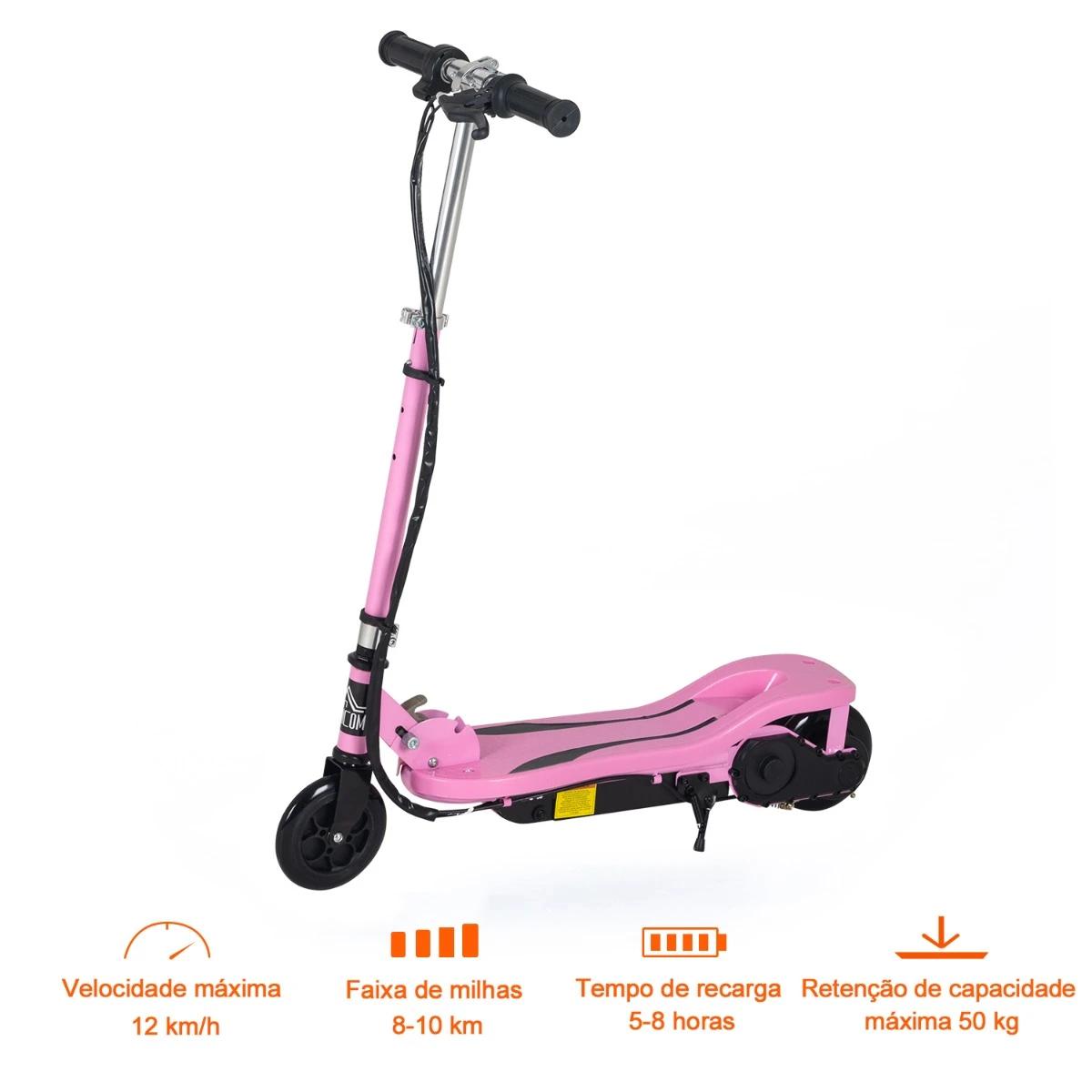Trotinete elétrico dobrável para crianças de 7-14 anos suporta até 50kg com altura ajustável 75x36x82-93cm rosa