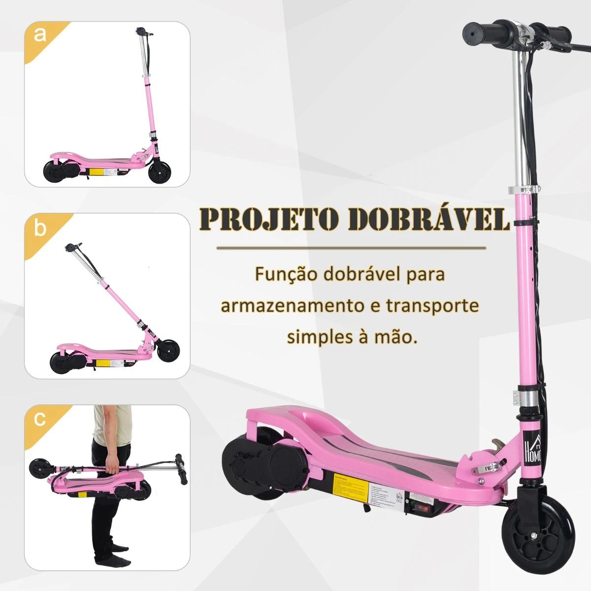 Trotinete elétrico dobrável para crianças de 7-14 anos suporta até 50kg com altura ajustável 75x36x82-93cm rosa
