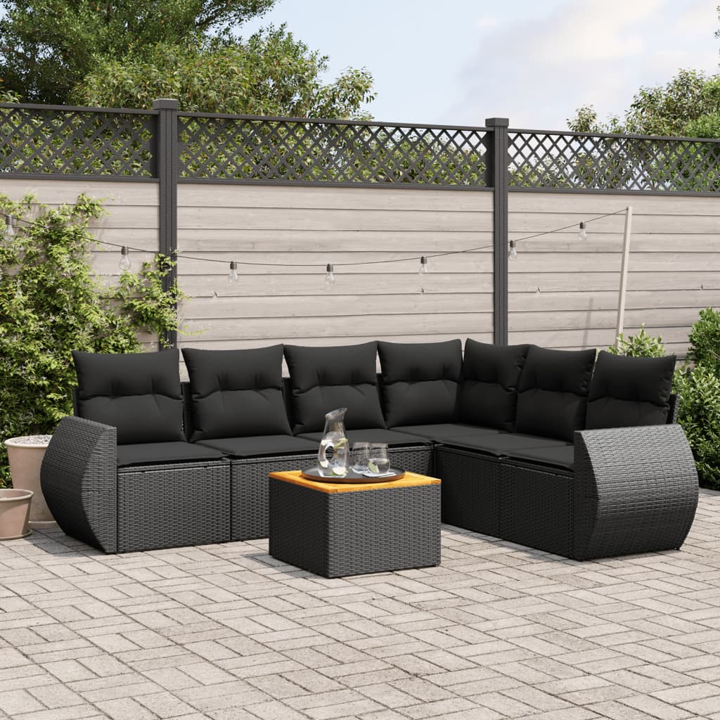 7 Pcs conjunto de sofás p/ jardim c/ almofadões vime PE preto