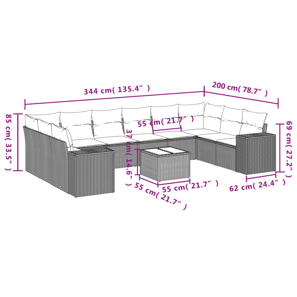 11 Pcs conjunto sofás de jardim c/ almofadões vime PE preto