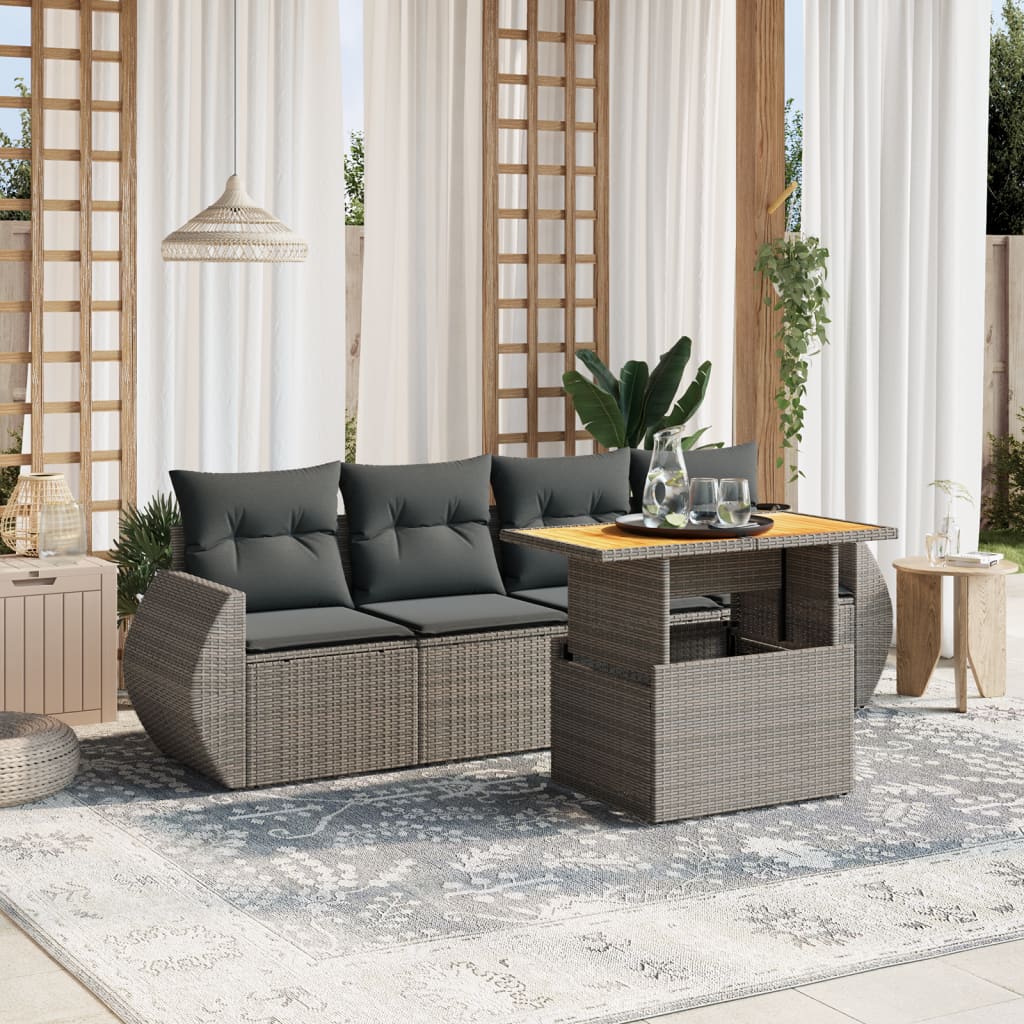 5 Pcs conjunto sofás de jardim c/ almofadões vime PE cinzento