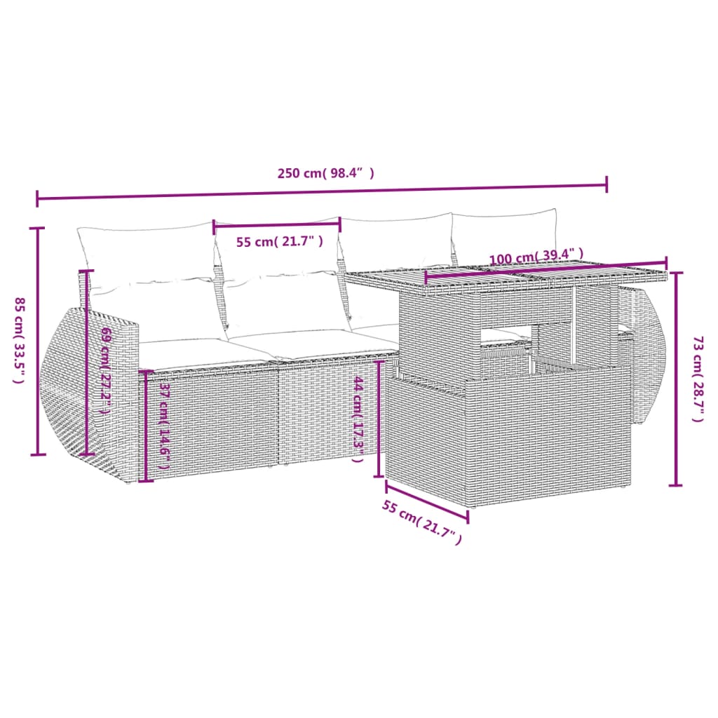 5 Pcs conjunto sofás de jardim c/ almofadões vime PE cinzento