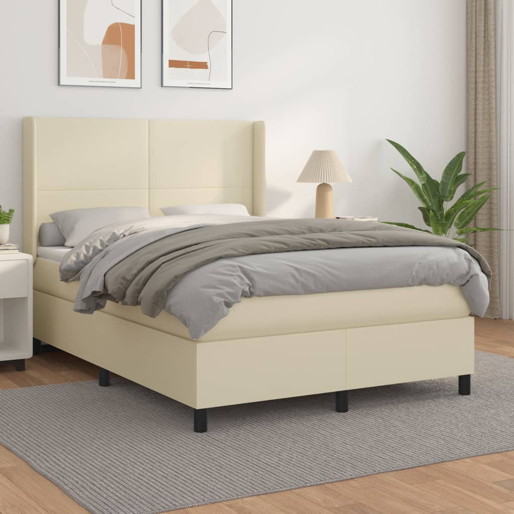 Cama com molas/colchão 140x190 cm couro artificial cor creme