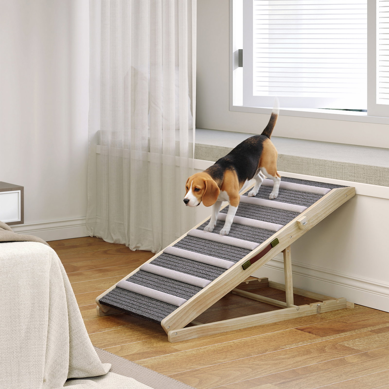 Rampa dobrável para cães com altura ajustável 35-50 cm e tapete antiderrapante 100x50x50 cm madeira e cinza