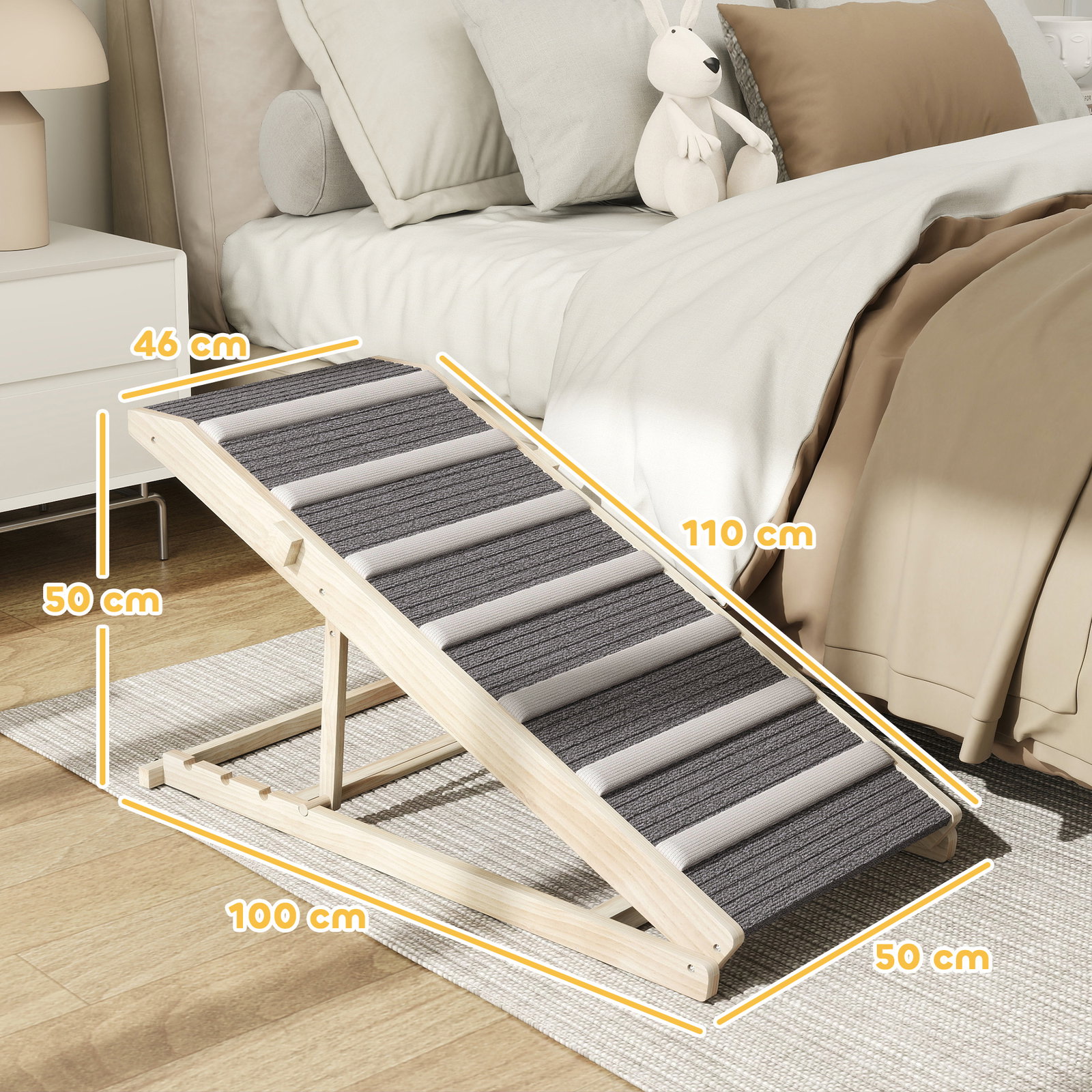 Rampa dobrável para cães com altura ajustável 35-50 cm e tapete antiderrapante 100x50x50 cm madeira e cinza