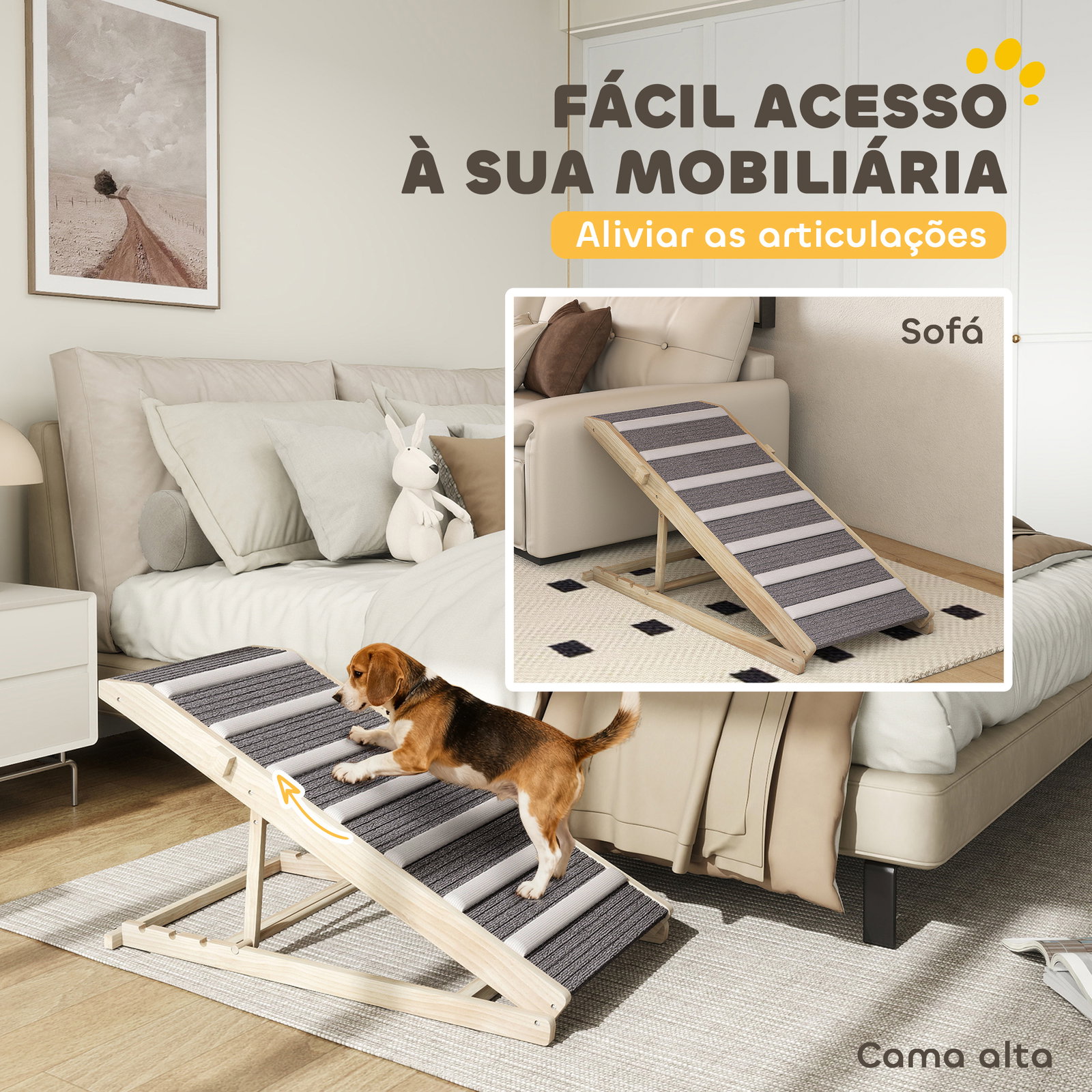 Rampa dobrável para cães com altura ajustável 35-50 cm e tapete antiderrapante 100x50x50 cm madeira e cinza