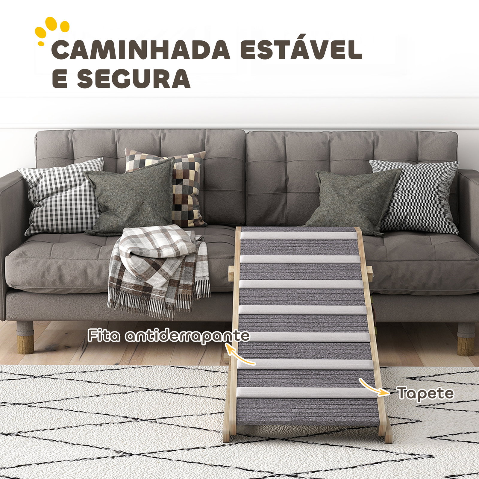 Rampa dobrável para cães com altura ajustável 35-50 cm e tapete antiderrapante 100x50x50 cm madeira e cinza