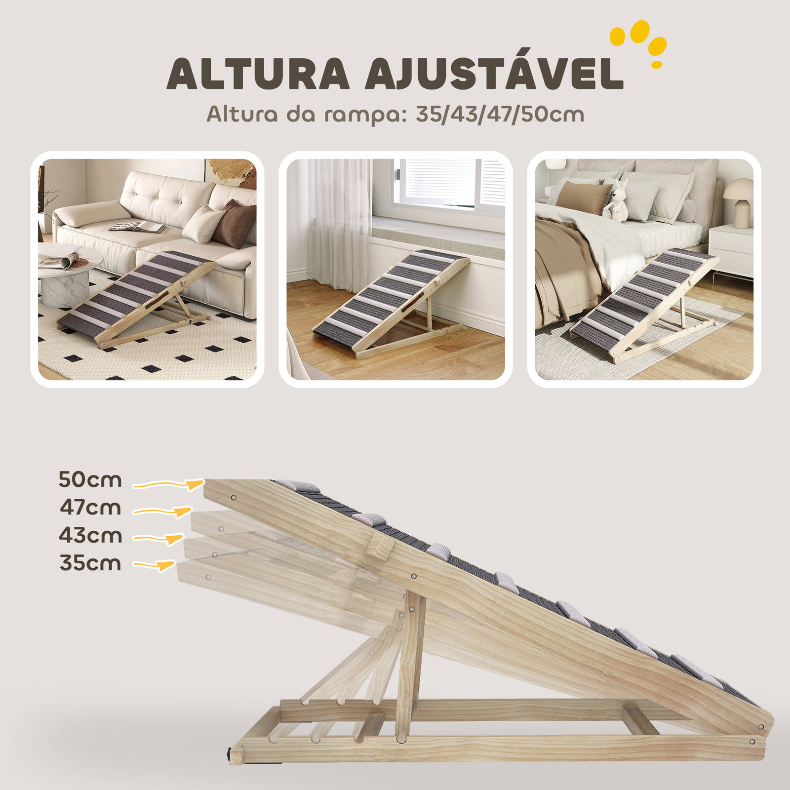 Rampa dobrável para cães com altura ajustável 35-50 cm e tapete antiderrapante 100x50x50 cm madeira e cinza
