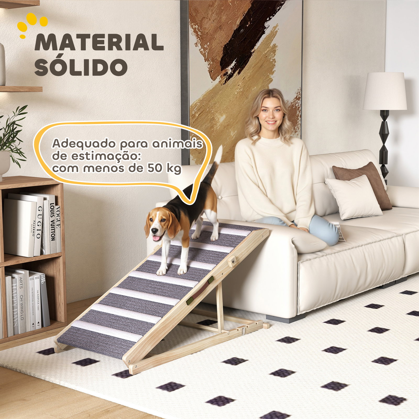 Rampa dobrável para cães com altura ajustável 35-50 cm e tapete antiderrapante 100x50x50 cm madeira e cinza