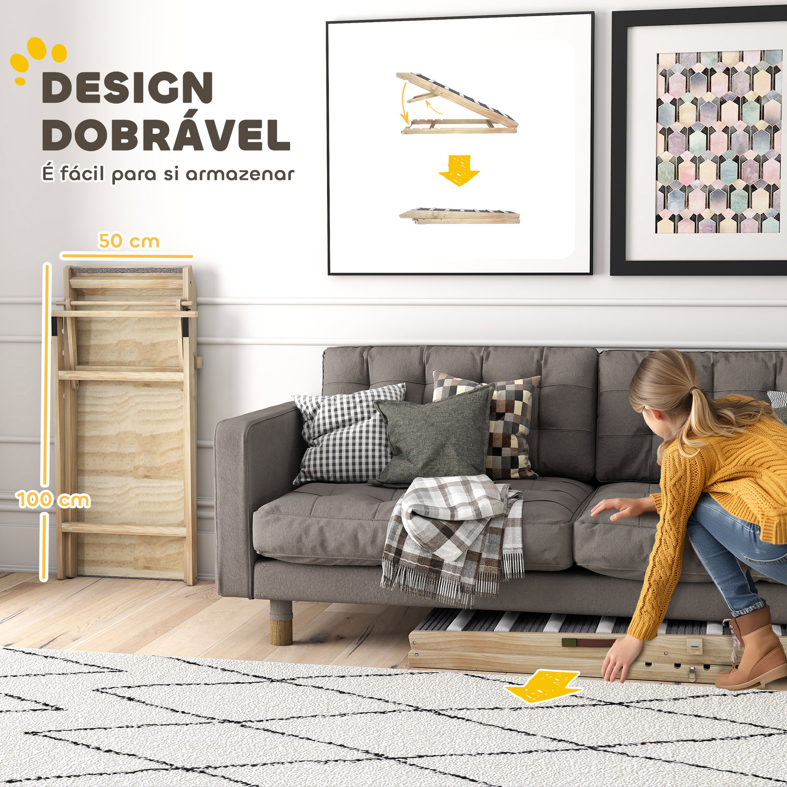 Rampa dobrável para cães com altura ajustável 35-50 cm e tapete antiderrapante 100x50x50 cm madeira e cinza
