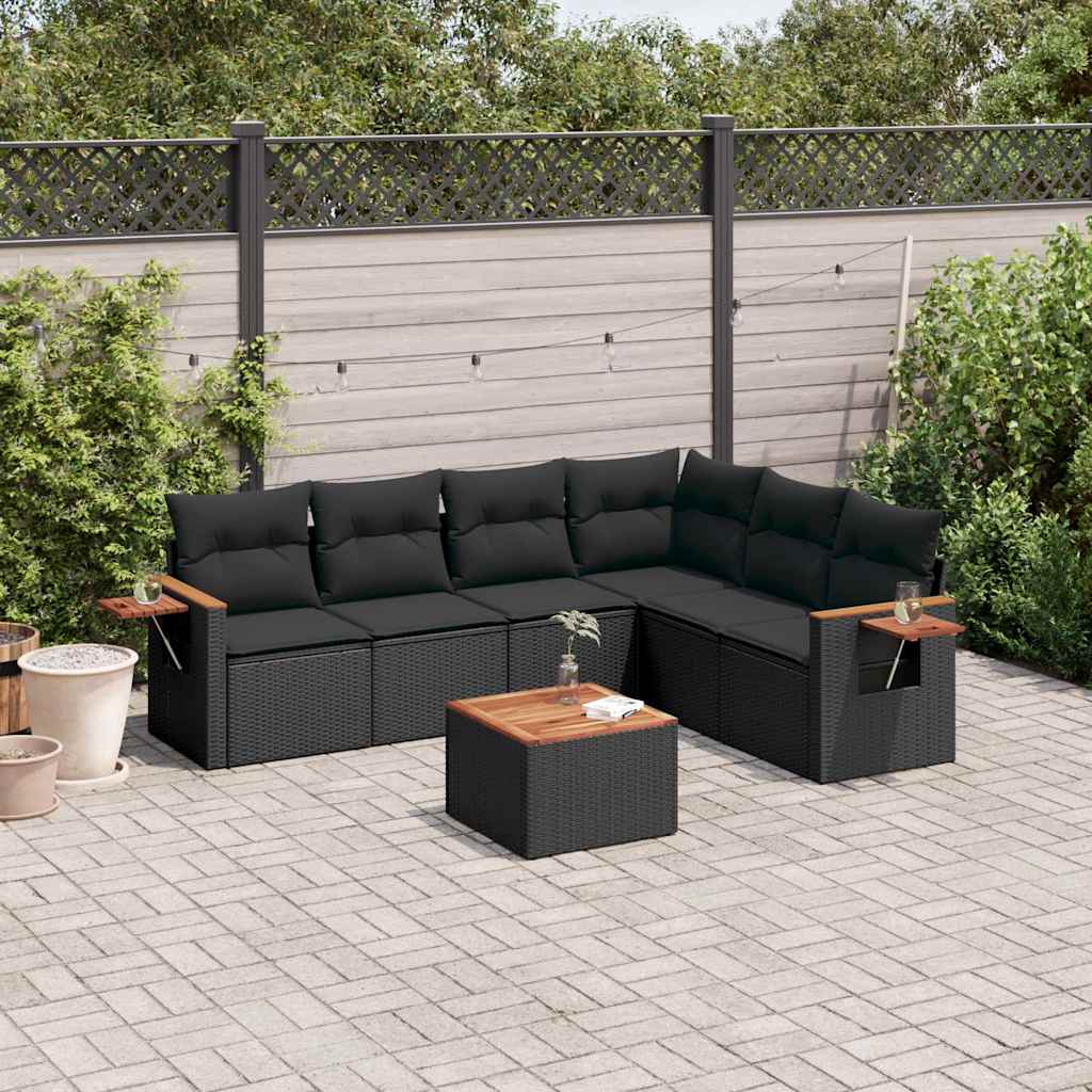 7 Pcs conjunto de sofás p/ jardim c/ almofadões vime PE preto
