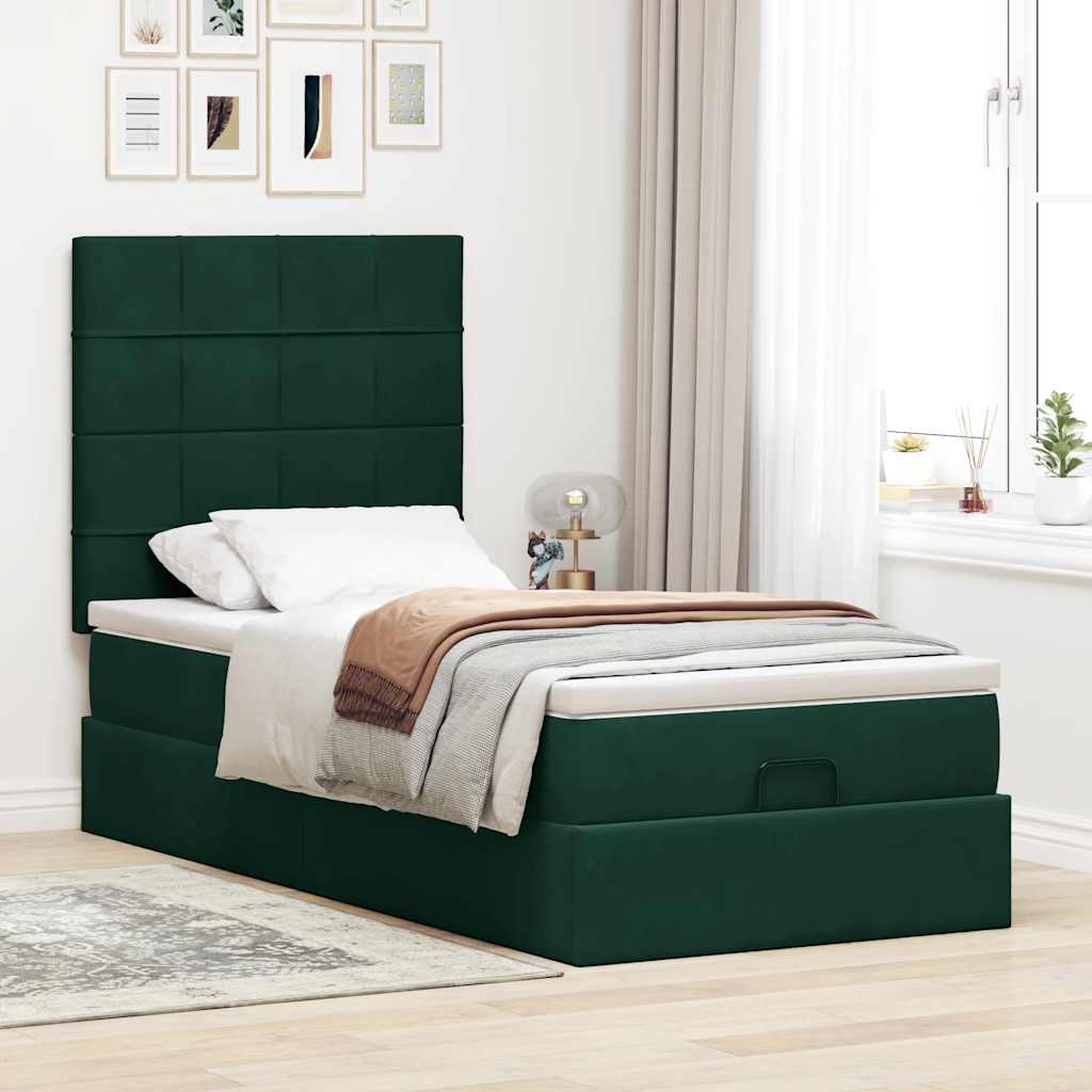 Estrutura cama otomana colchões 80x200cm veludo verde escuro