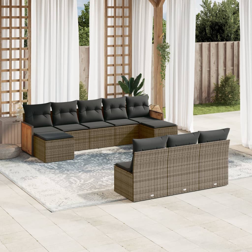 10 Pcs conjunto sofás de jardim c/ almofadões vime PE cinzento