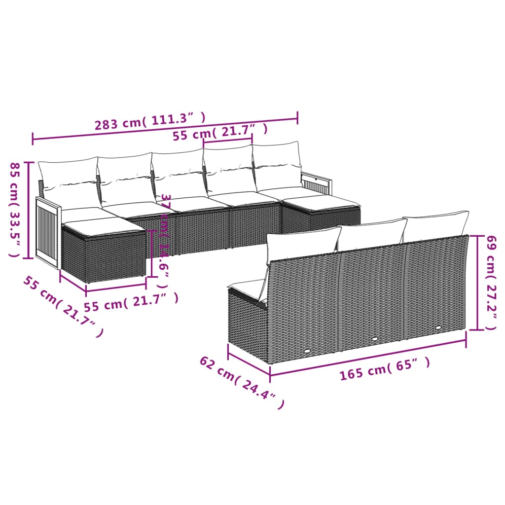 10 Pcs conjunto sofás de jardim c/ almofadões vime PE cinzento