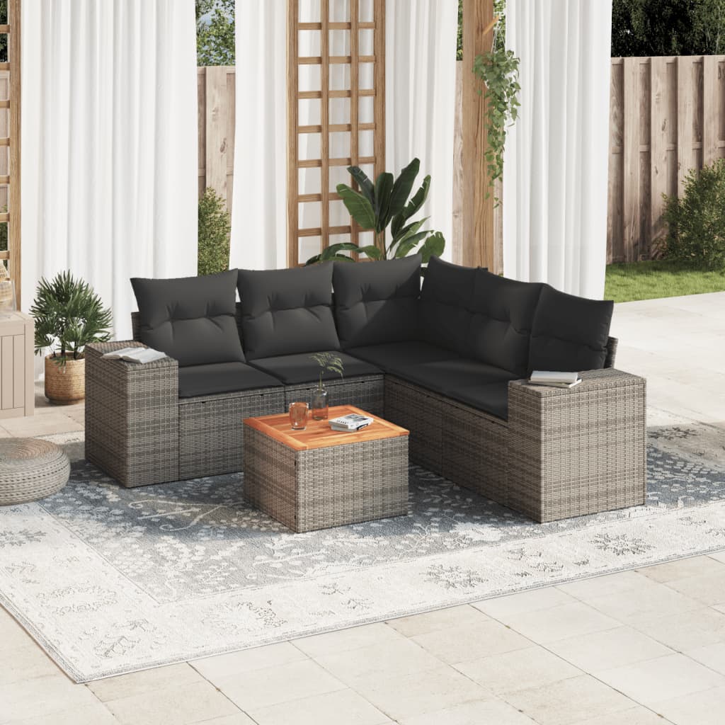 6 Pcs conjunto sofás de jardim com almofadões vime cinzento