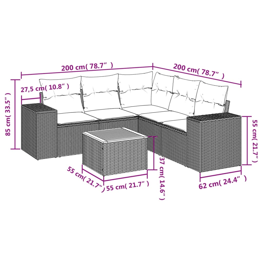 6 Pcs conjunto sofás de jardim com almofadões vime cinzento