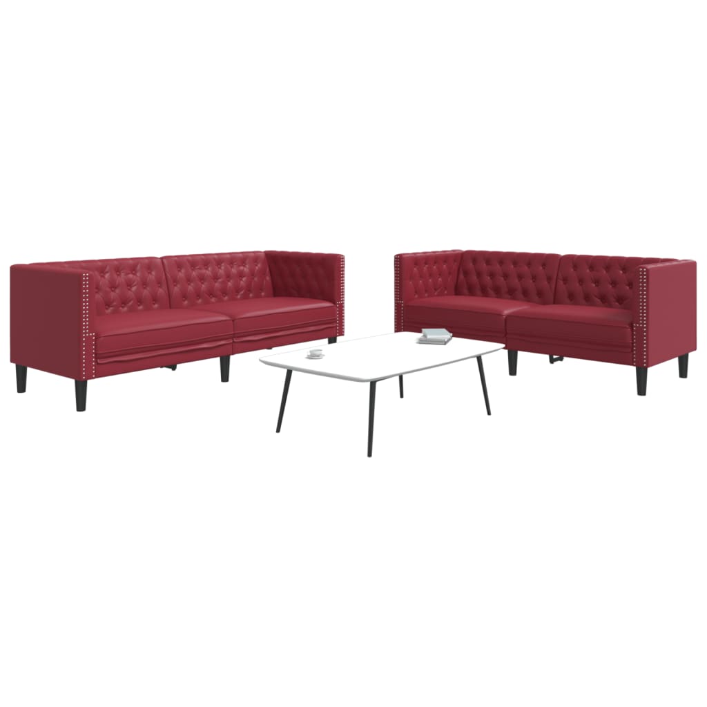 2 Pcs conj. de sofás chesterfield couro artif. vermelho tinto