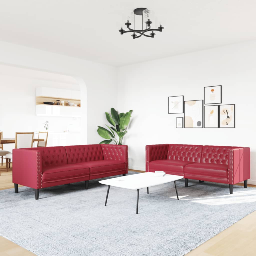 2 Pcs conj. de sofás chesterfield couro artif. vermelho tinto