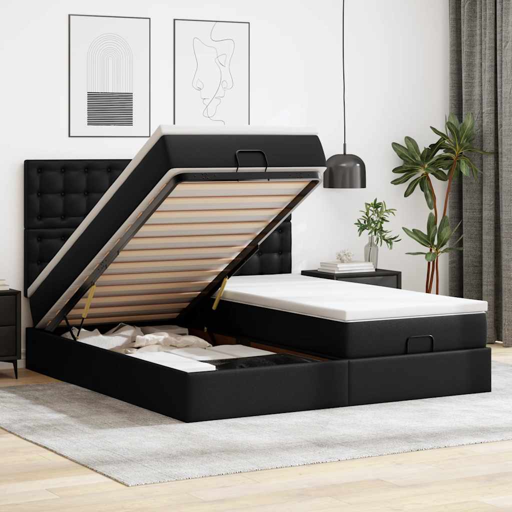 Cama otomana com colchões&leds 180x200cm couro artificial preto