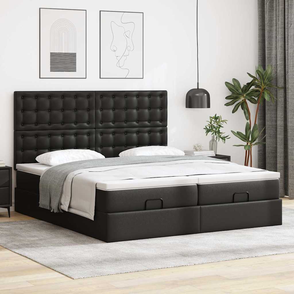 Cama otomana com colchões&leds 180x200cm couro artificial preto