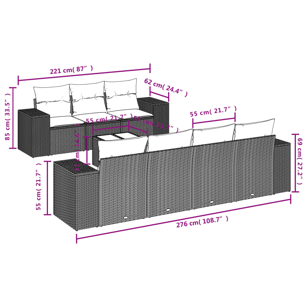 8 Pcs conjunto sofás de jardim c/ almofadões vime PE cinzento
