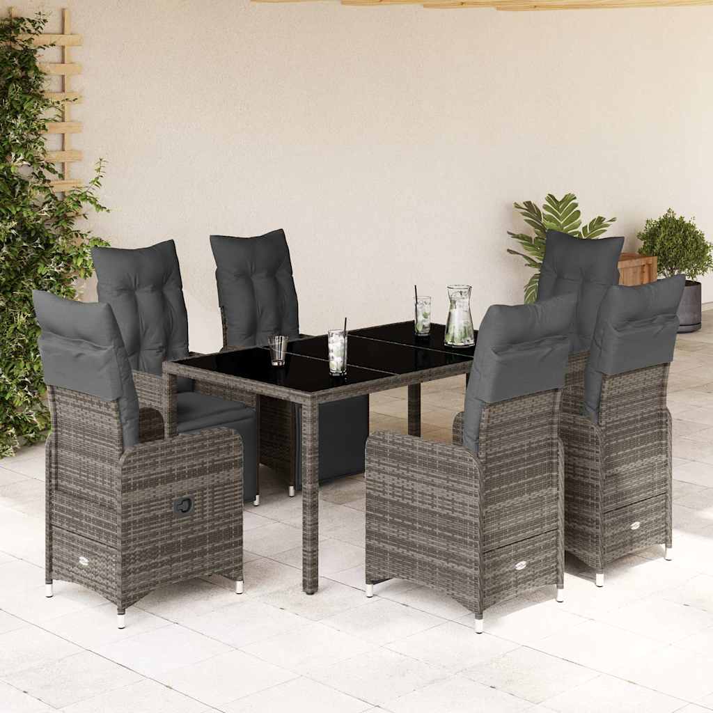 7 Pcs conjunto bistrô de jardim c/ almofadões vime PE cinza