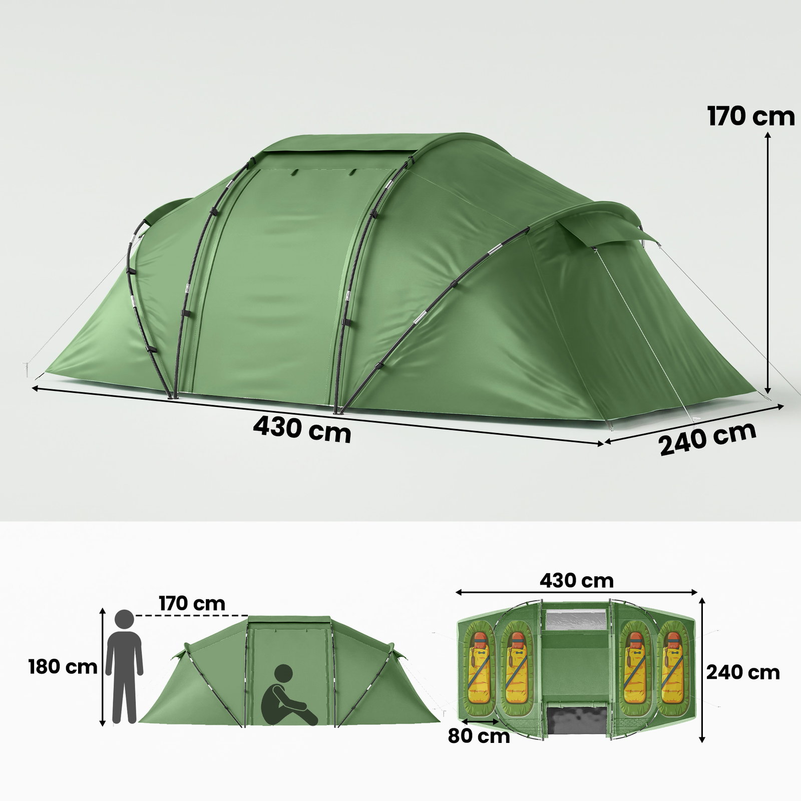 Tenda de campismo familiar para 4 pessoas tenda dobrável impermeável para praia parque 430x240x170 cm verde