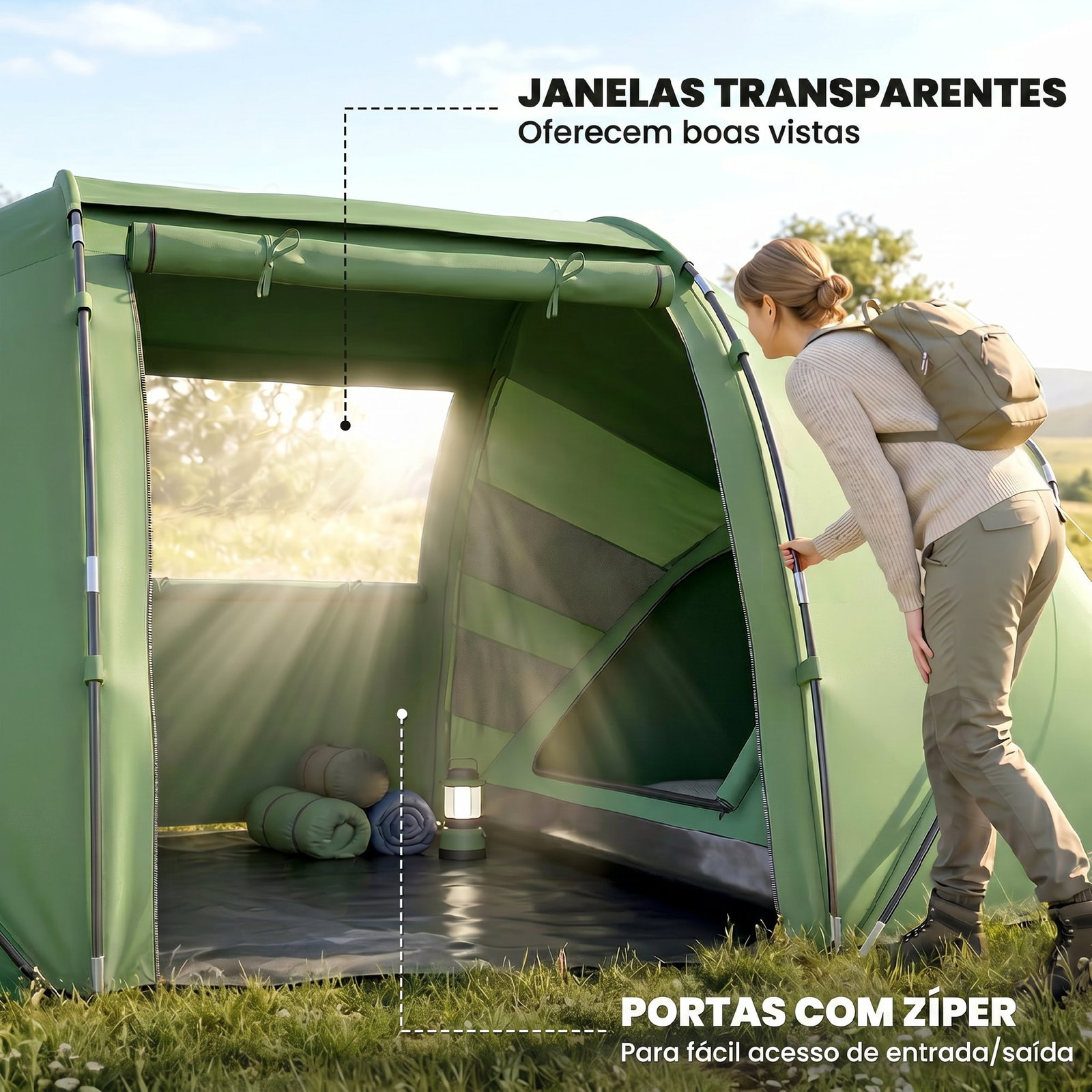 Tenda de campismo familiar para 4 pessoas tenda dobrável impermeável para praia parque 430x240x170 cm verde