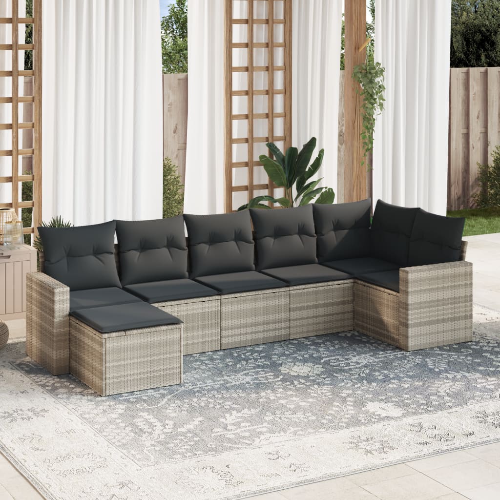 7 Pcs conj. sofás jardim com almofadões vime PE cinzento-claro