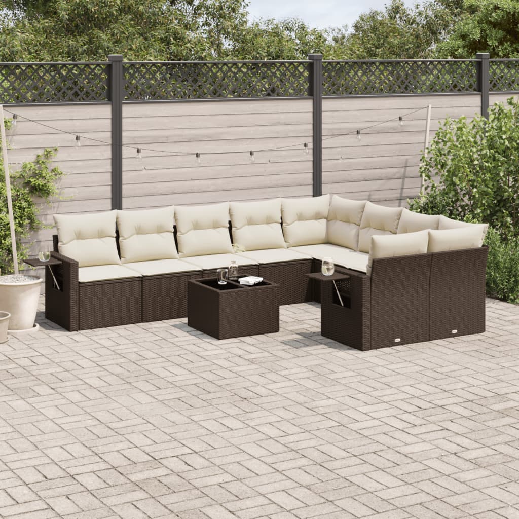 10 Pcs conj. sofás jardim com almofadões vime PE castanho