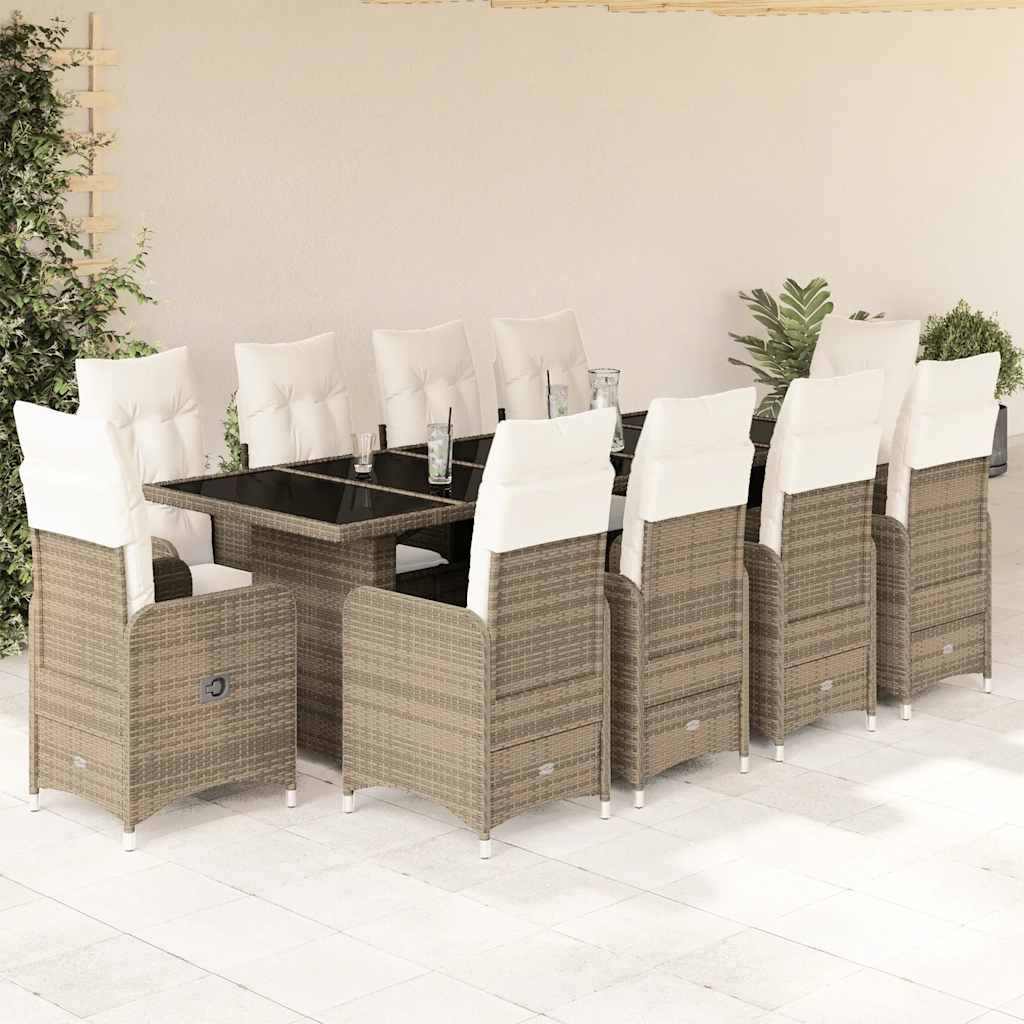 11 Pcs conjunto de bistrô p/ jardim c/ almofadões vime PE bege