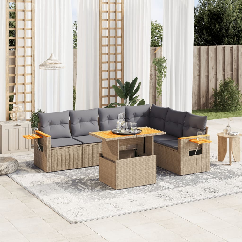 7 Pcs conjunto de sofás p/ jardim com almofadões vime PE bege