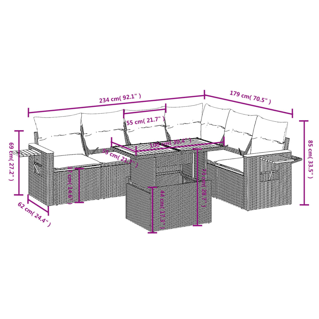 7 Pcs conjunto de sofás p/ jardim com almofadões vime PE bege