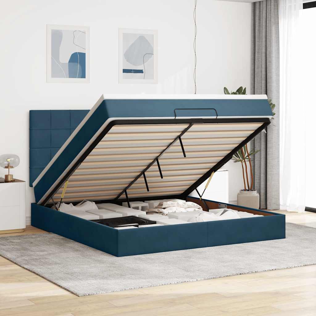 Estrutura cama otomana colchões 180x200 cm veludo azul escuro