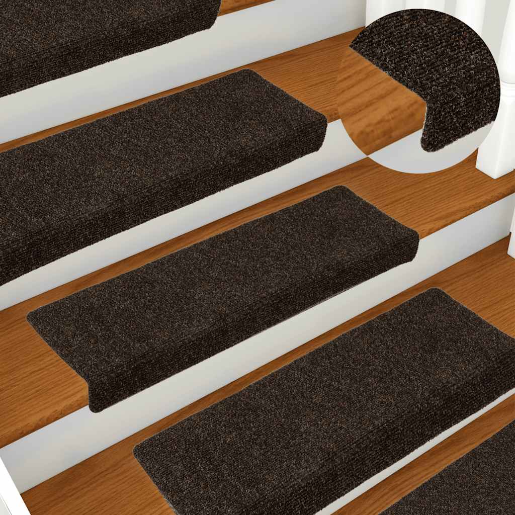 Tapetes de escada autoadesivos 15 peças 65x21x4 cm marrom escuro com borda retangular