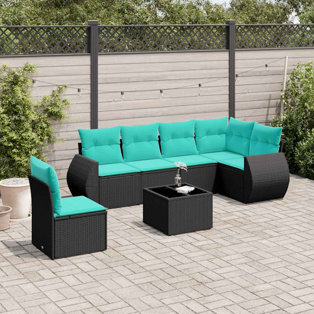 Conjunto de sofá de jardim com 7 peças e almofadas em rattan sintético preto