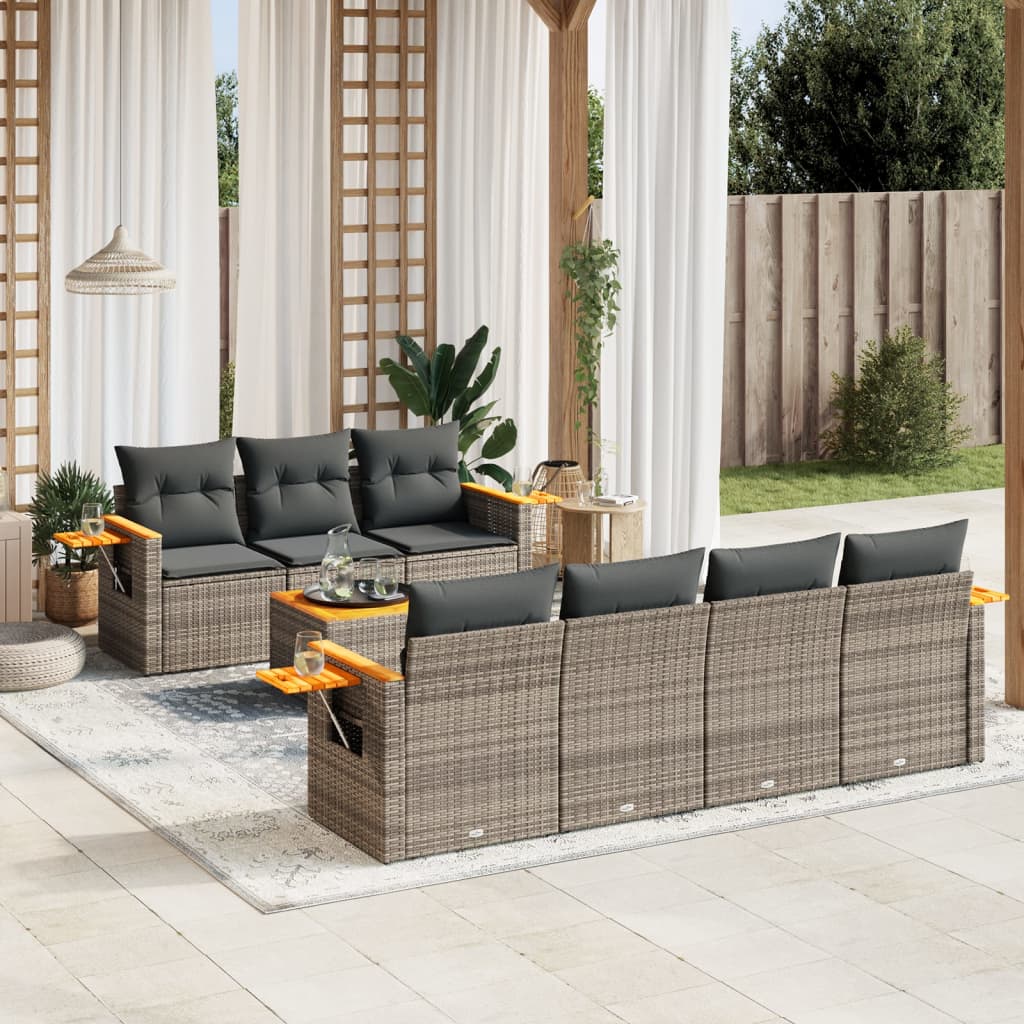 8 Pcs conjunto sofás de jardim c/ almofadões vime PE cinzento
