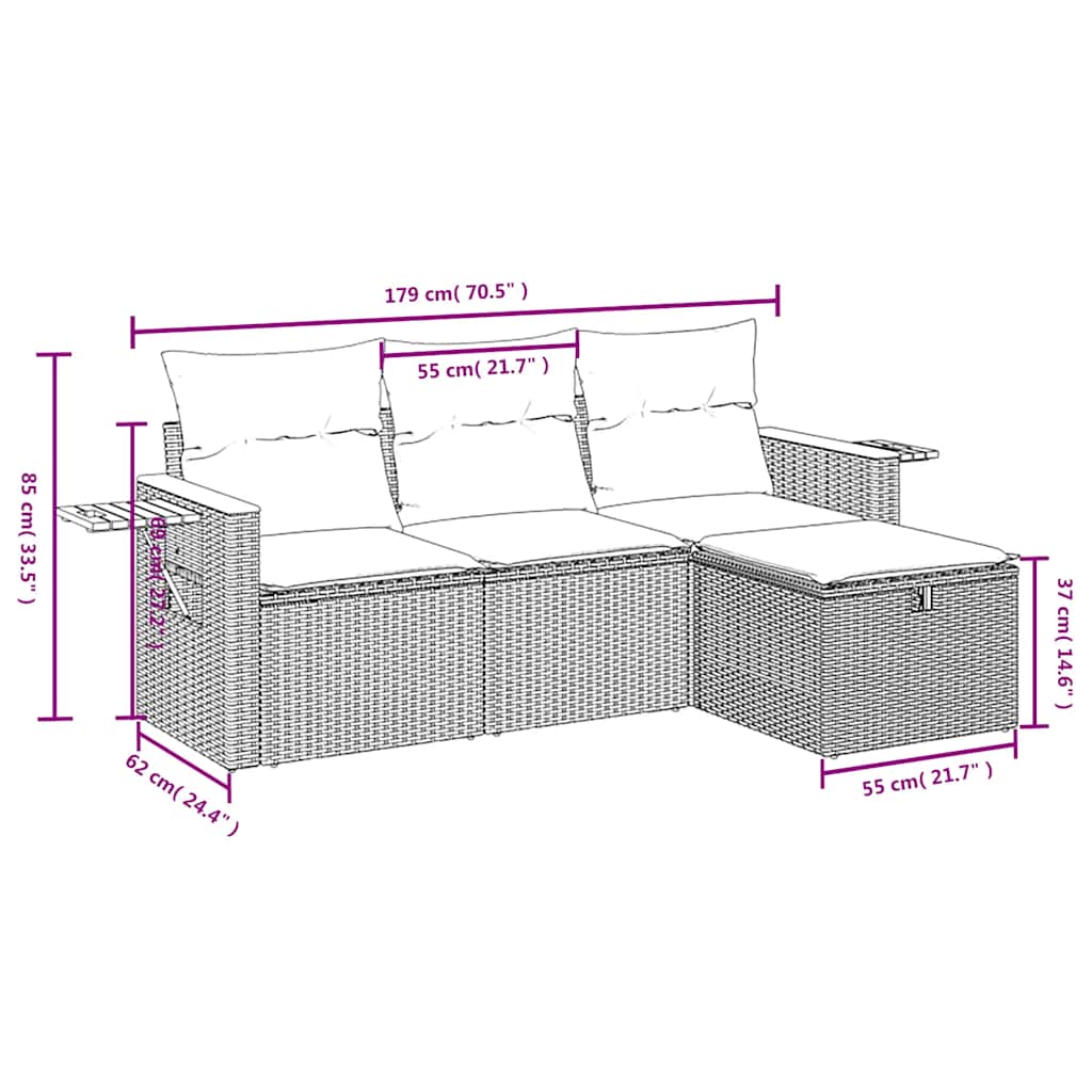 4 Pcs conjunto de sofás para jardim c/ almofadões vime PE preto