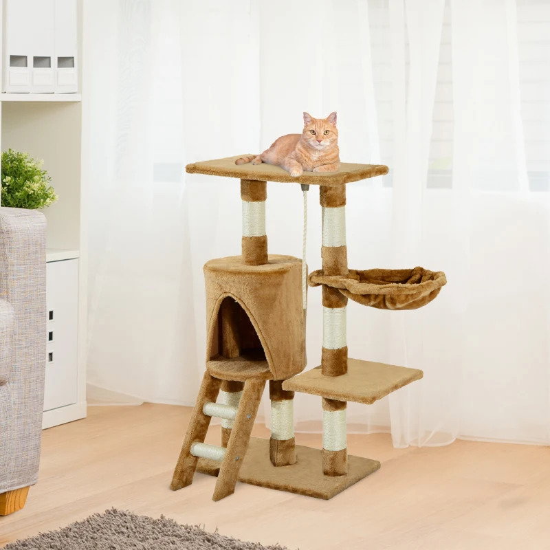 Árvore para gatos com corda de brincar placa de madeira e revestido de pêlo- castanho - 30x55x96cm