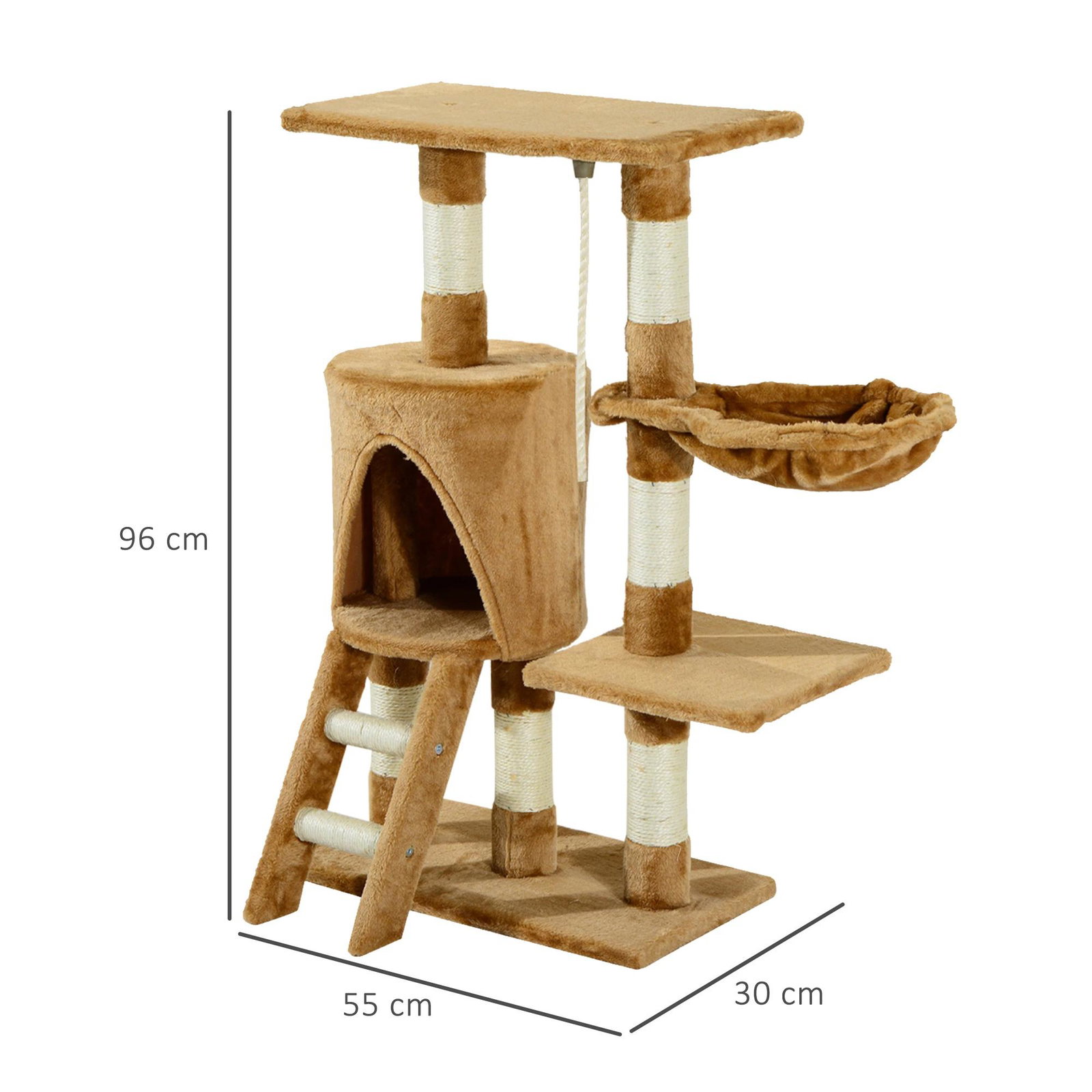 Árvore para gatos com corda de brincar placa de madeira e revestido de pêlo- castanho - 30x55x96cm