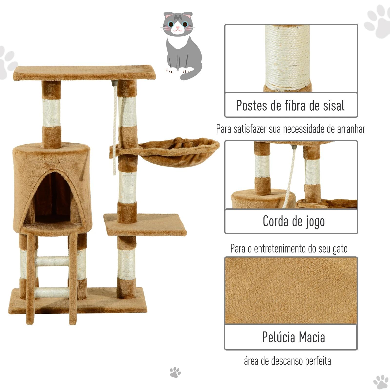 Árvore para gatos com corda de brincar placa de madeira e revestido de pêlo- castanho - 30x55x96cm