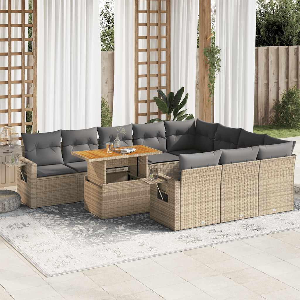 11 Pcs conjunto sofás de jardim c/ almofadões vime PE bege