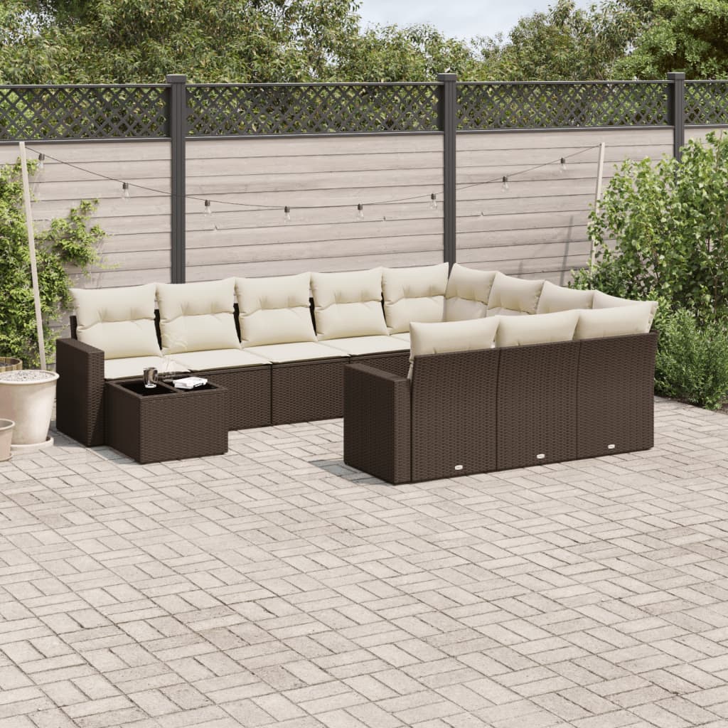 11 Pcs conjunto sofás de jardim c/ almofadões vime PE castanho