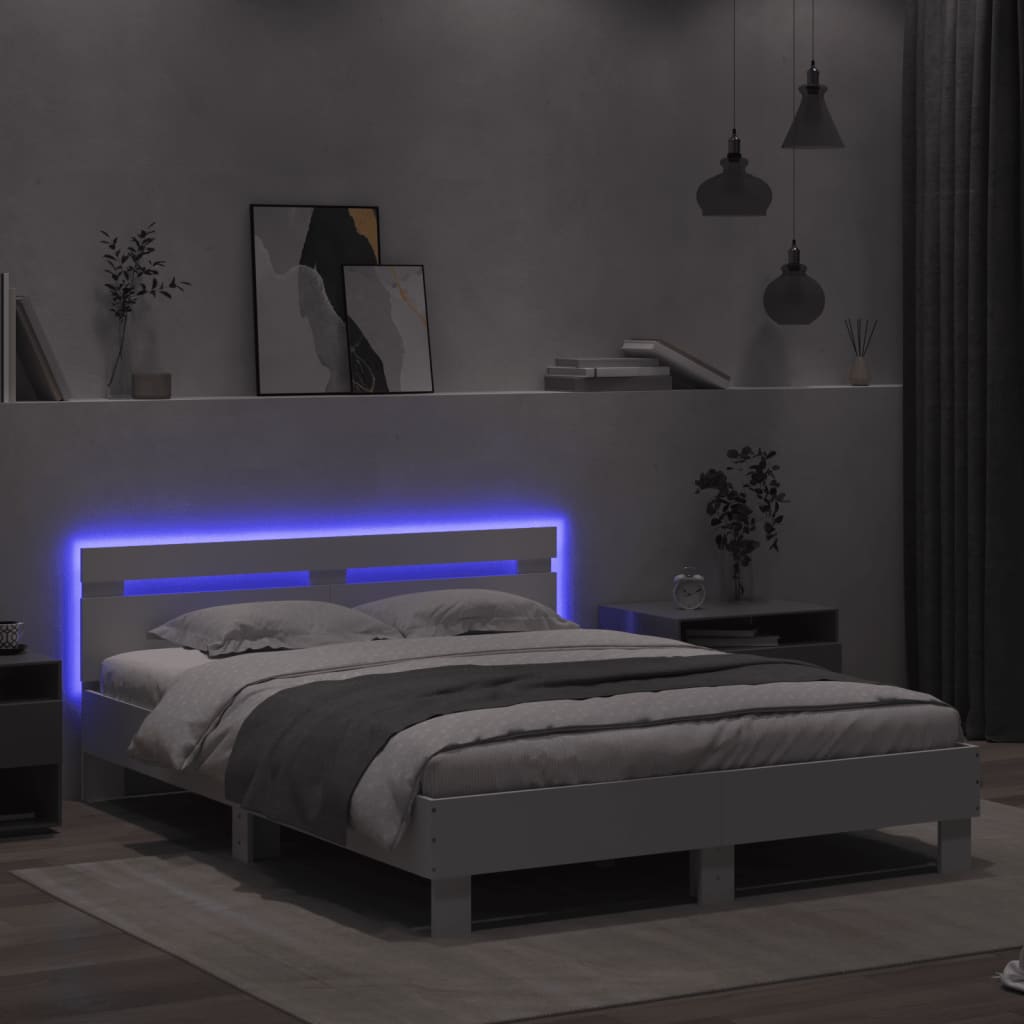 Estrutura de cama com cabeceira e luzes LED 140x190 cm branco