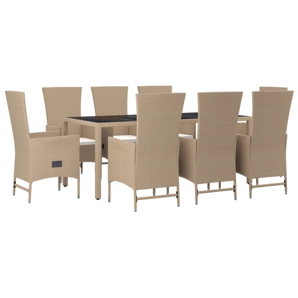 9 Pcs conjunto de jantar p/ jardim com almofadões vime PE bege