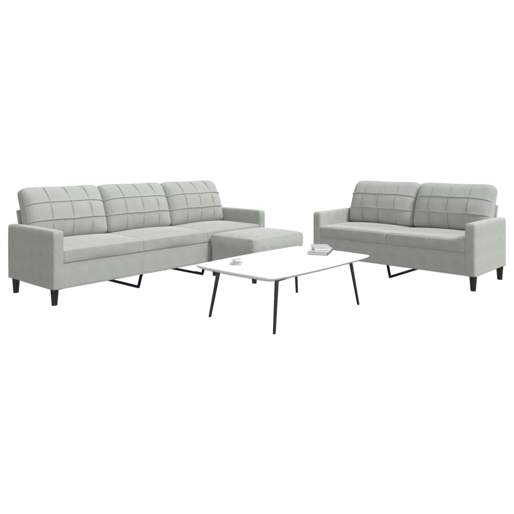 3 Pcs conjunto de sofás com almofadões veludo cinzento-claro